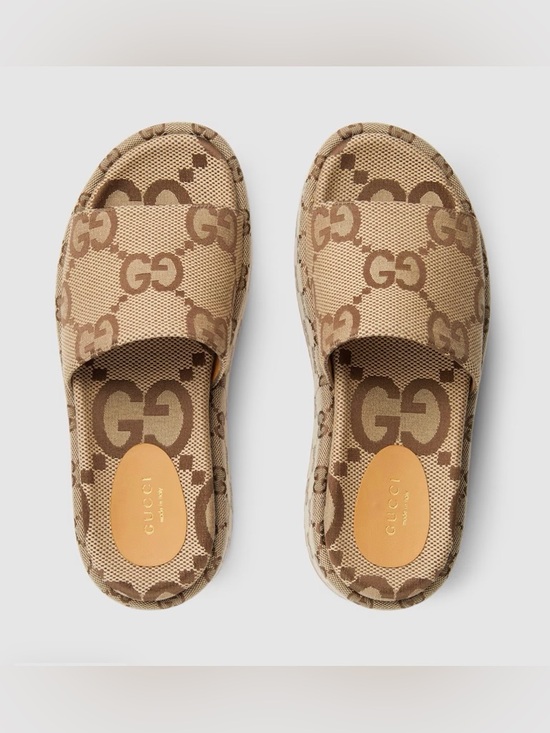 Gucci Shoes - Gucci Camel & Ebony GG Canvas Platform Slides